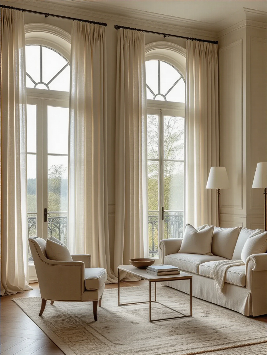 Luxurious living room with floor-to-ceiling windows and layered window treatments allowing soft daylight.