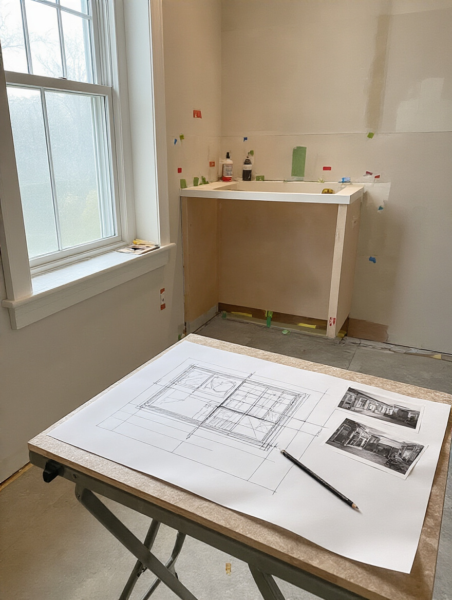 Vertical photo of an empty bathroom niche with graph-paper layout on a work table and colored tape marking plumbing and outlets, showing careful pre-installation planning.