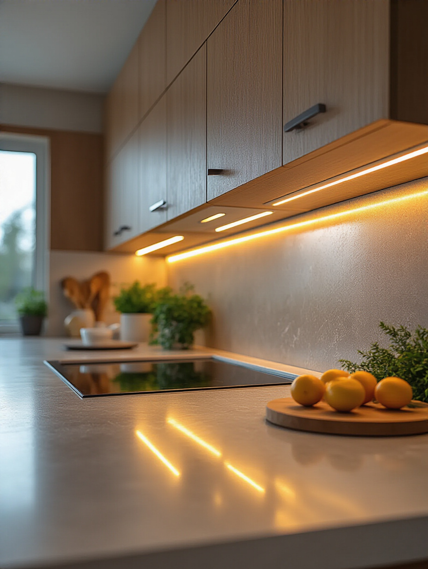 Modern kitchen countertop illuminated by glare-free under-cabinet LED lights mounted beneath upper cabinets