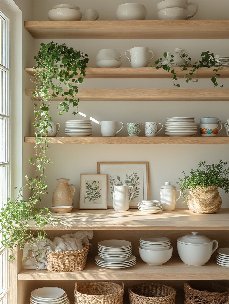 Modern kitchen portrait featuring light wood open shelving with decorative ceramic dishes, plants, and vintage teacups beautifully displayed
