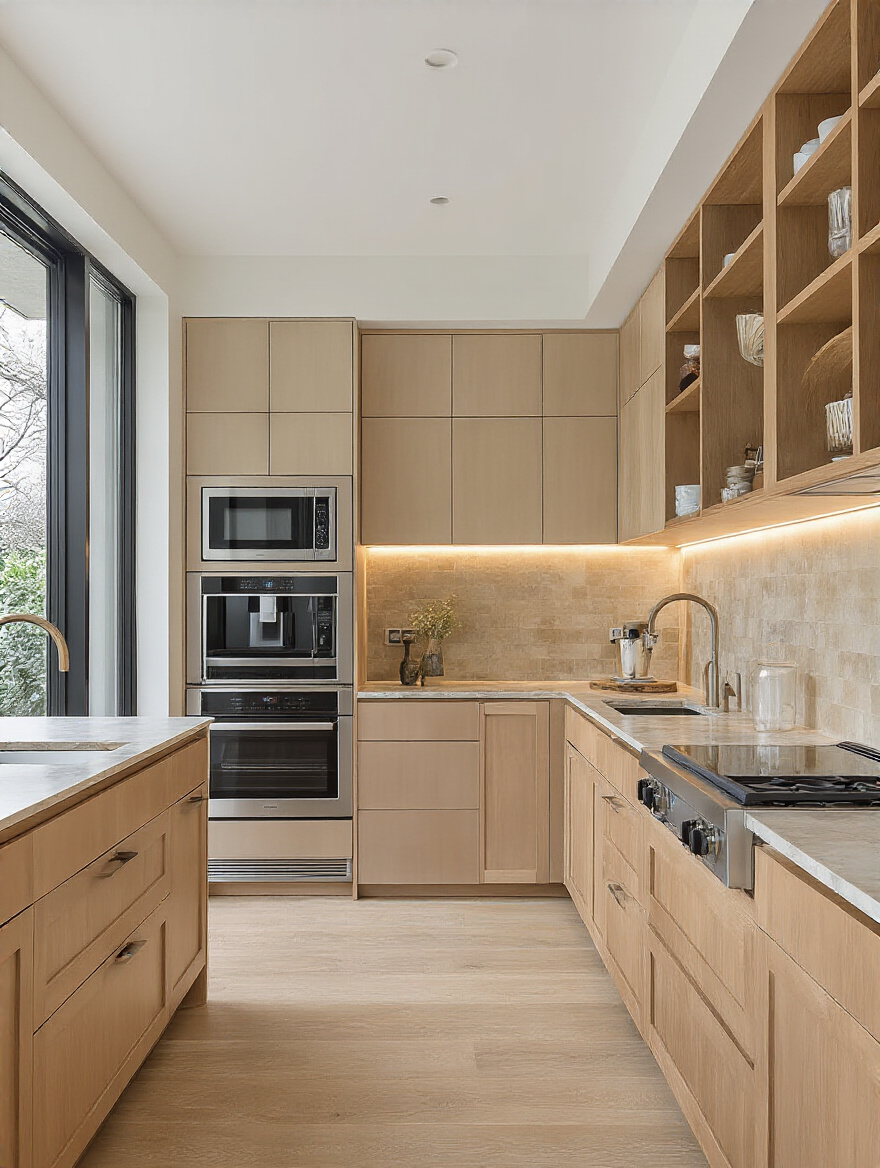 Modern kitchen with flush, panel-ready appliances concealed behind seamless cabinetry panels.