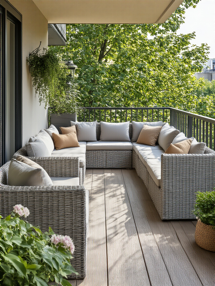 Small balcony with modular seating arranged for flexible use featuring synthetic wicker and powder-coated aluminum furniture in natural daylight