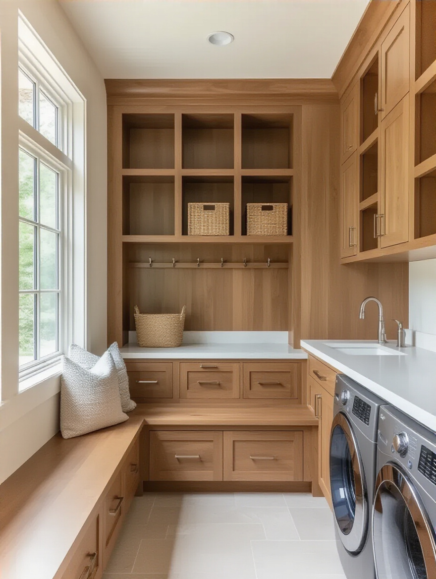 Portrait of a well-organized mudroom-laundry space with bench, hooks, folding counter, and laundry area