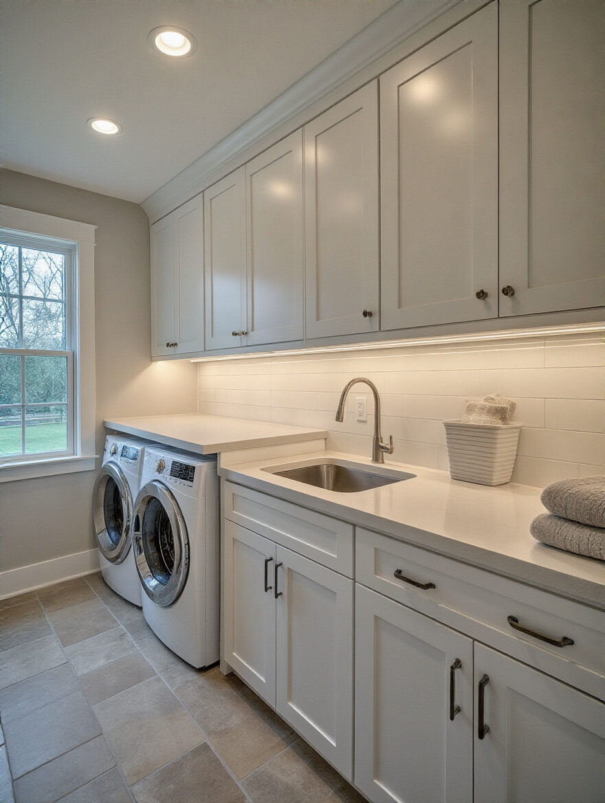 Mudroom laundry with bright task lighting over folding counter