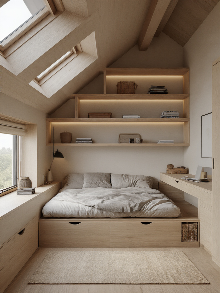Attic bedroom with sloped ceilings and clever under-eave furniture