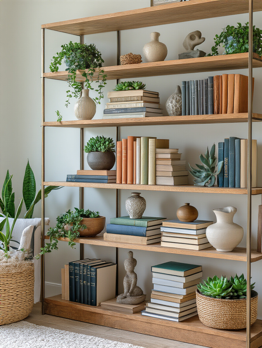 Organized living room bookshelf with books and decorative objects creating visual interest
