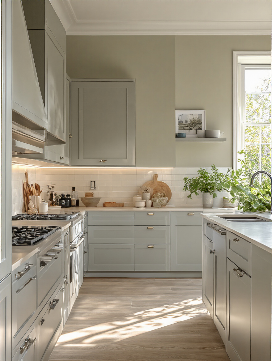 Modern kitchen interior with freshly painted bright invigorating walls, showcasing a clean and stylish kitchen makeover without people.