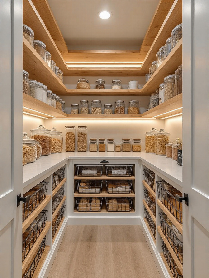Brightly lit custom pantry shelving with adjustable wooden shelves, pull-out baskets, and clear containers showcasing ultimate kitchen organization