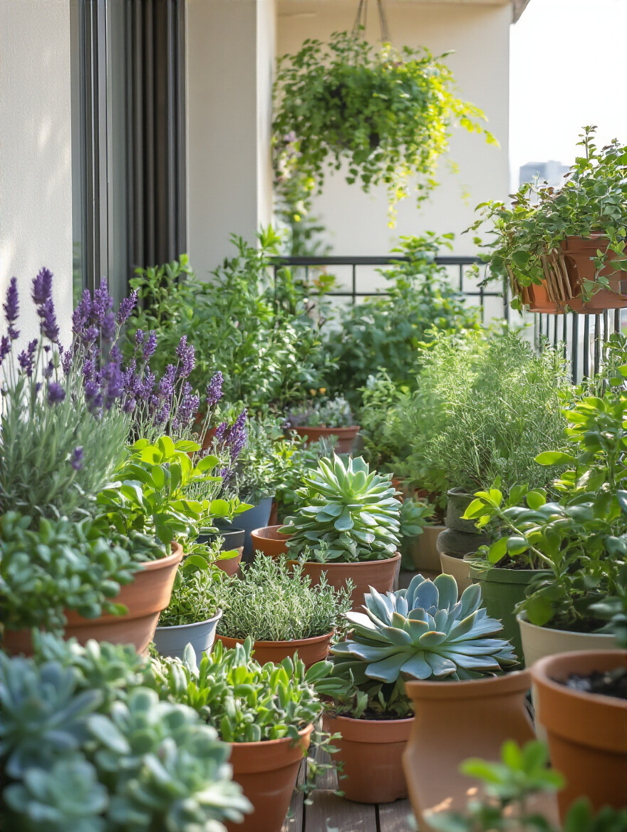 Portrait of a small balcony garden with low-maintenance plants thriving in their specific climate, including succulents and herbs in pots