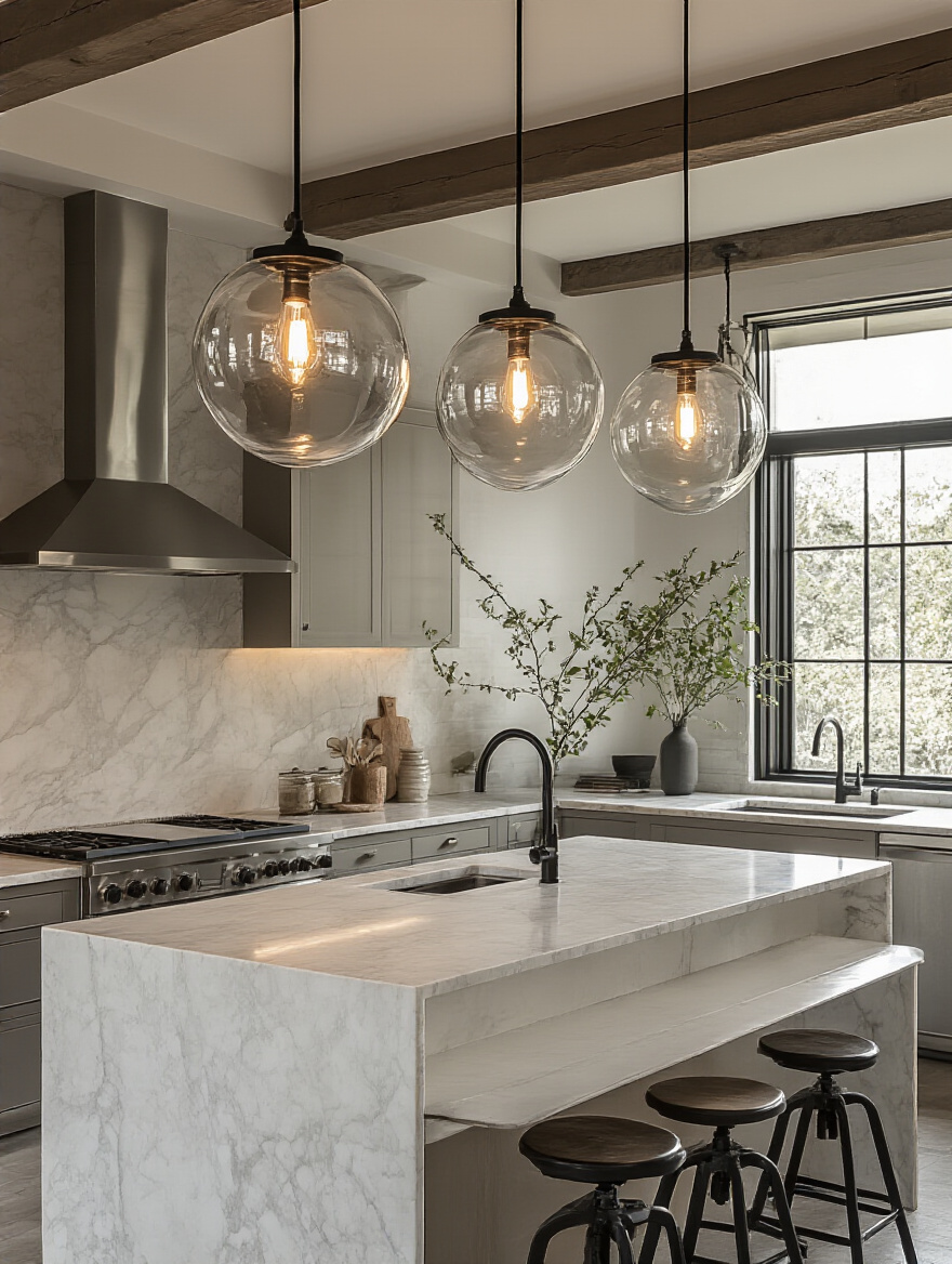 Modern kitchen island defined by three oversized glass globe pendant lights with black metal frames over a marble countertop, showing focused task lighting and stylish design.
