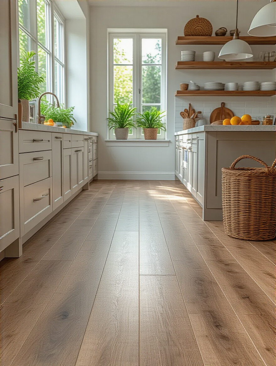 Close-up professional photo of modern kitchen flooring showcasing durable and comfortable luxury vinyl plank and porcelain tile materials under natural light