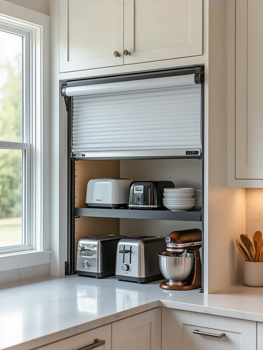 Modern kitchen featuring a hidden appliance garage with tambour door open showing organized small appliances inside