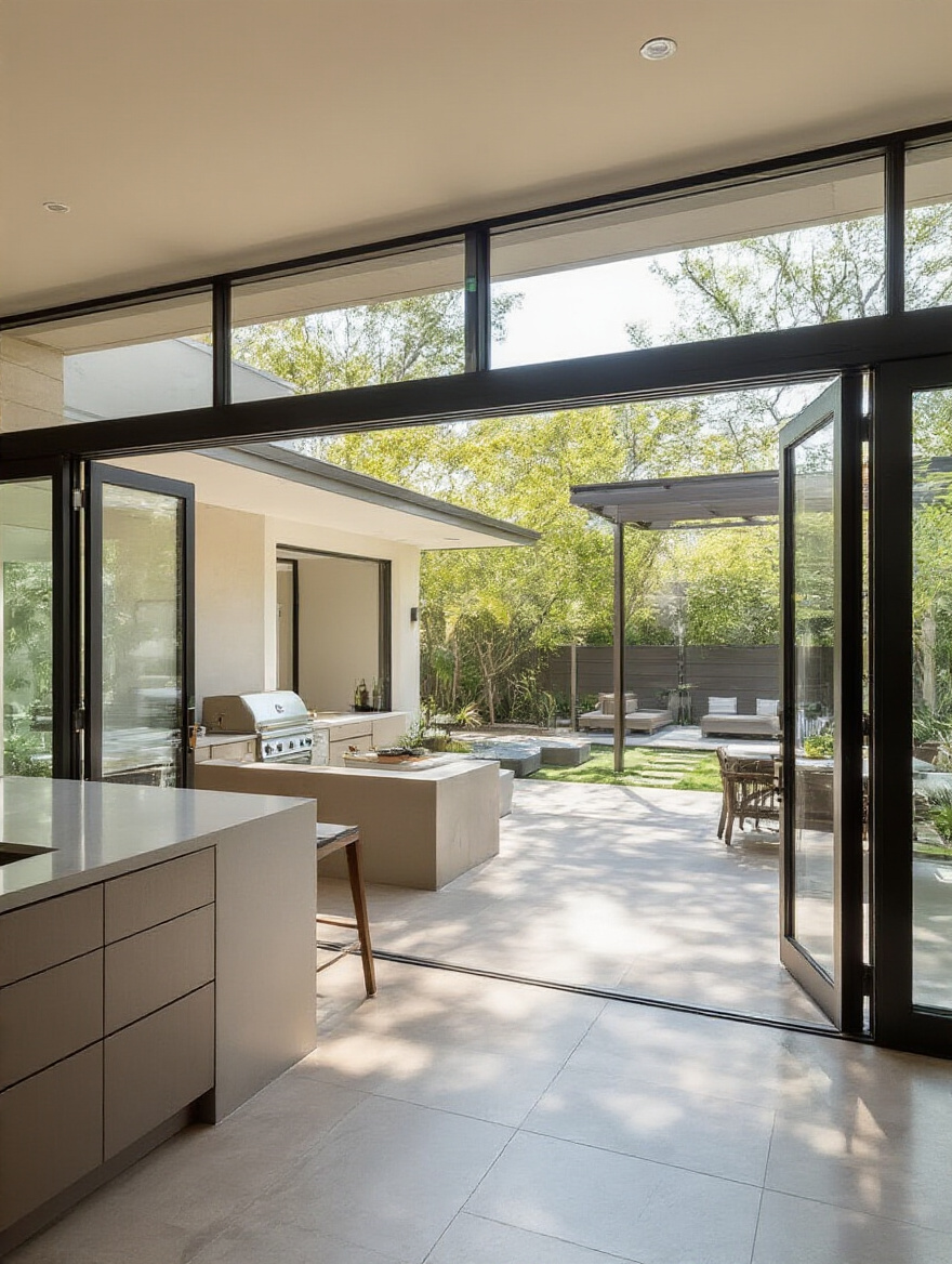 Seamless indoor and outdoor kitchen entertainment zone with bi-fold glass doors fully open connecting modern kitchen to outdoor patio with matching flooring and outdoor kitchen setup
