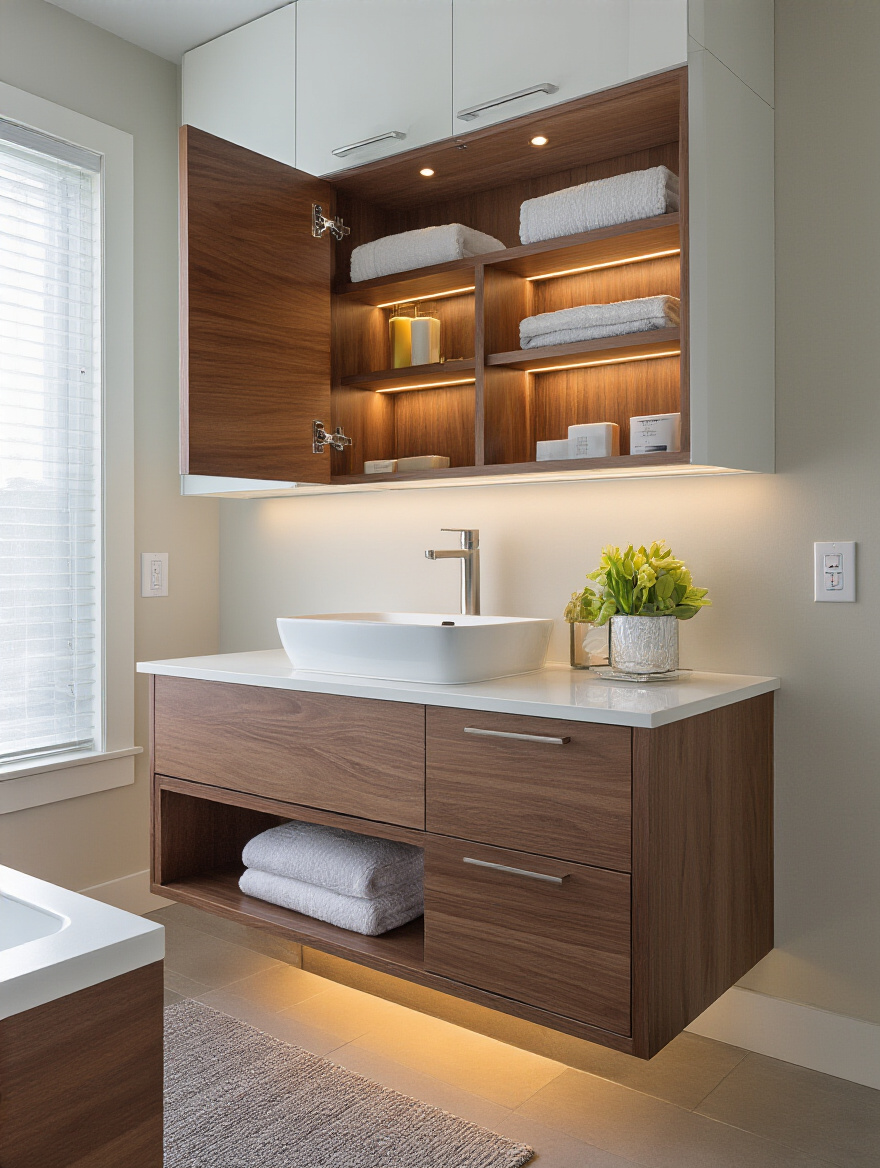 Floating bathroom vanity with open medicine cabinet showing warm in-cabinet and under-cabinet LED task and accent lighting