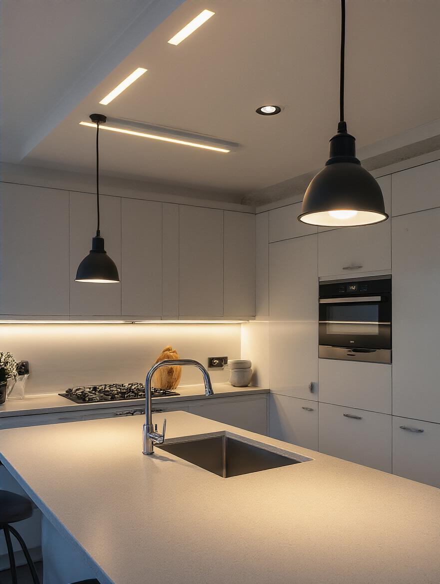 Well-lit modern kitchen countertop with under-cabinet and recessed lighting eliminating shadows and glare