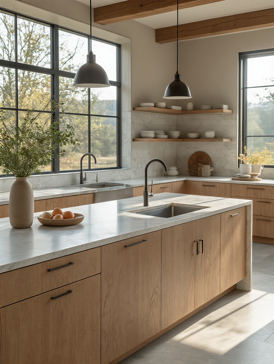 Modern kitchen close-up highlighting quartz, wood cabinetry, and porcelain tile