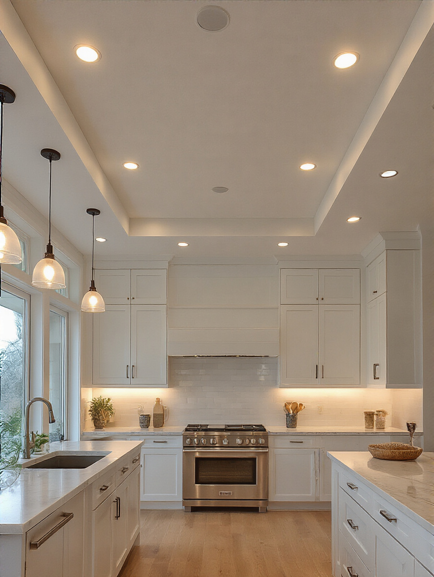 Modern kitchen ceiling with evenly spaced recessed can lights providing uniform illumination