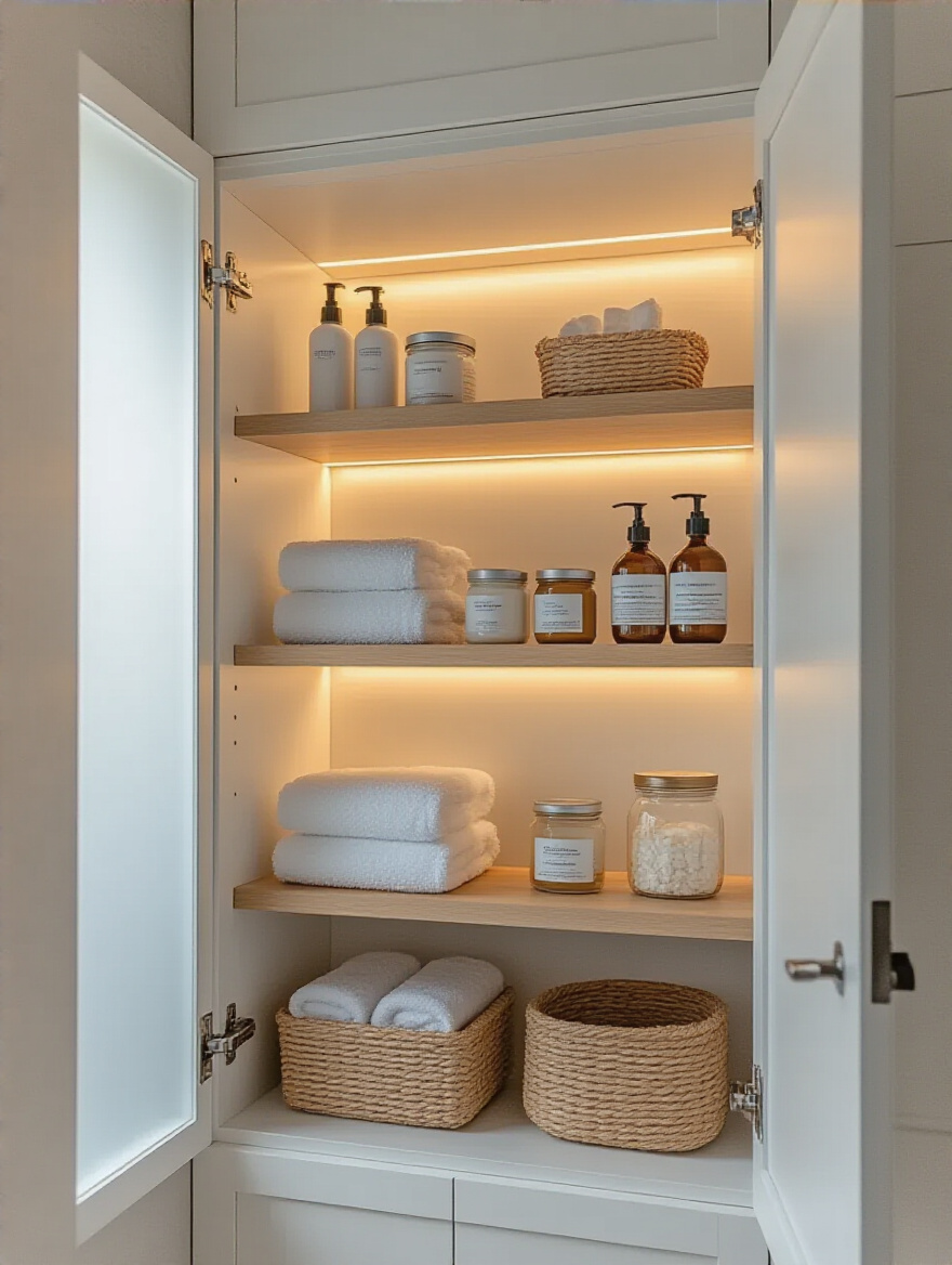 Open bathroom vanity showing adjustable shelves at different heights with bottles, baskets and folded towels