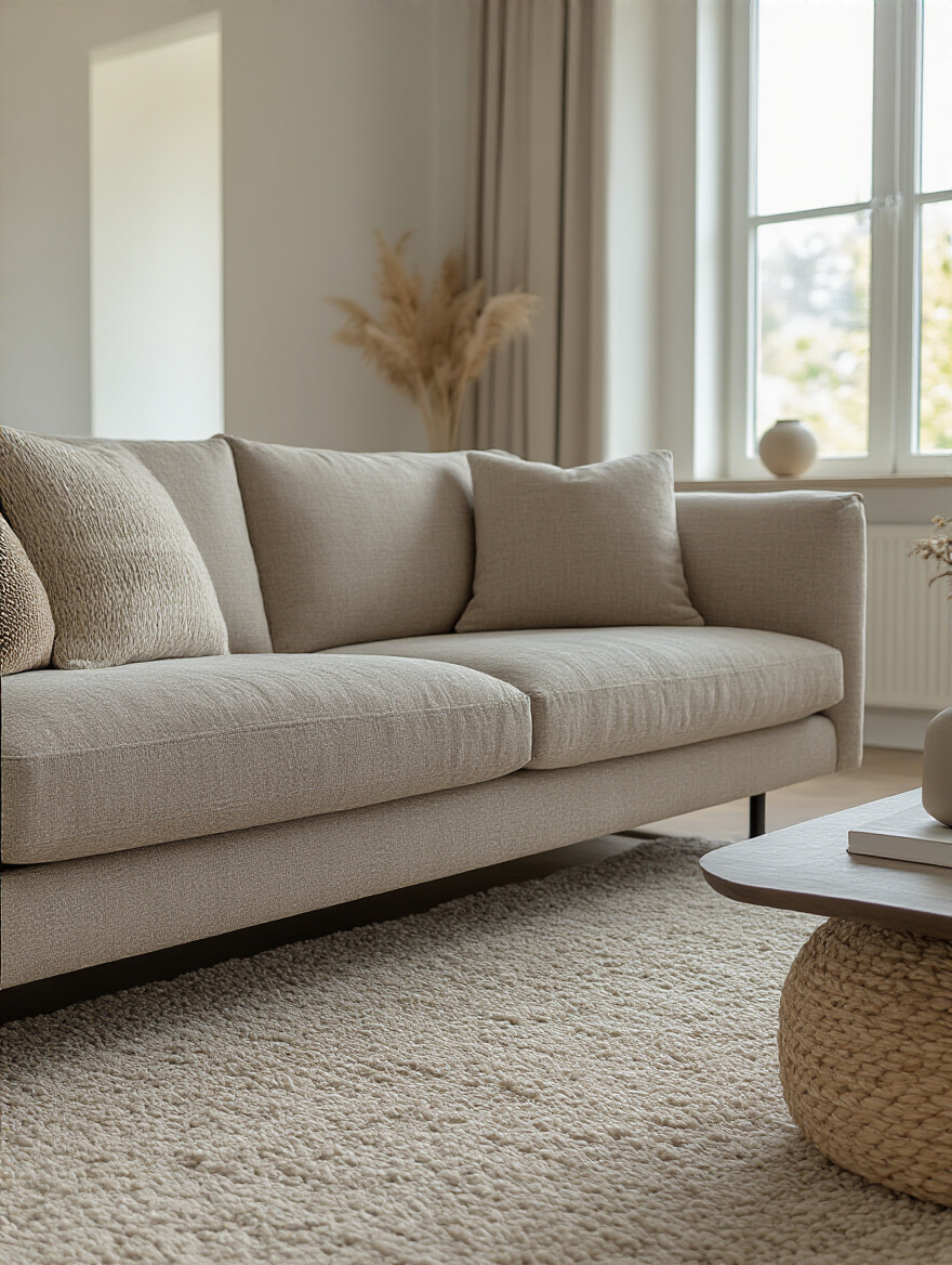 Modern living room sofa with durable high-performance fabric upholstery in natural lighting