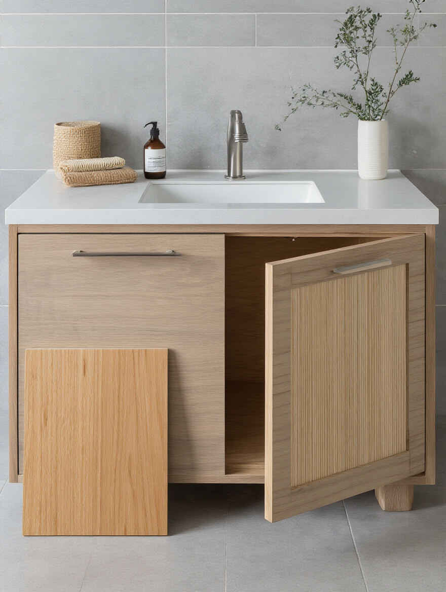 Portrait photo of bathroom vanity showcasing durable material samples: marine-grade plywood cross-section, sealed solid wood door, HDPE panel and HPL countertop with water beading.