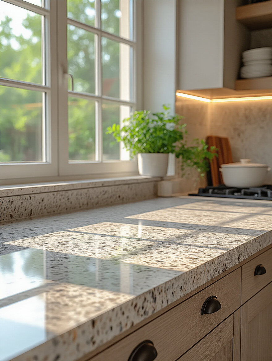 Modern kitchen countertop featuring durable and stylish quartz and granite materials with natural lighting