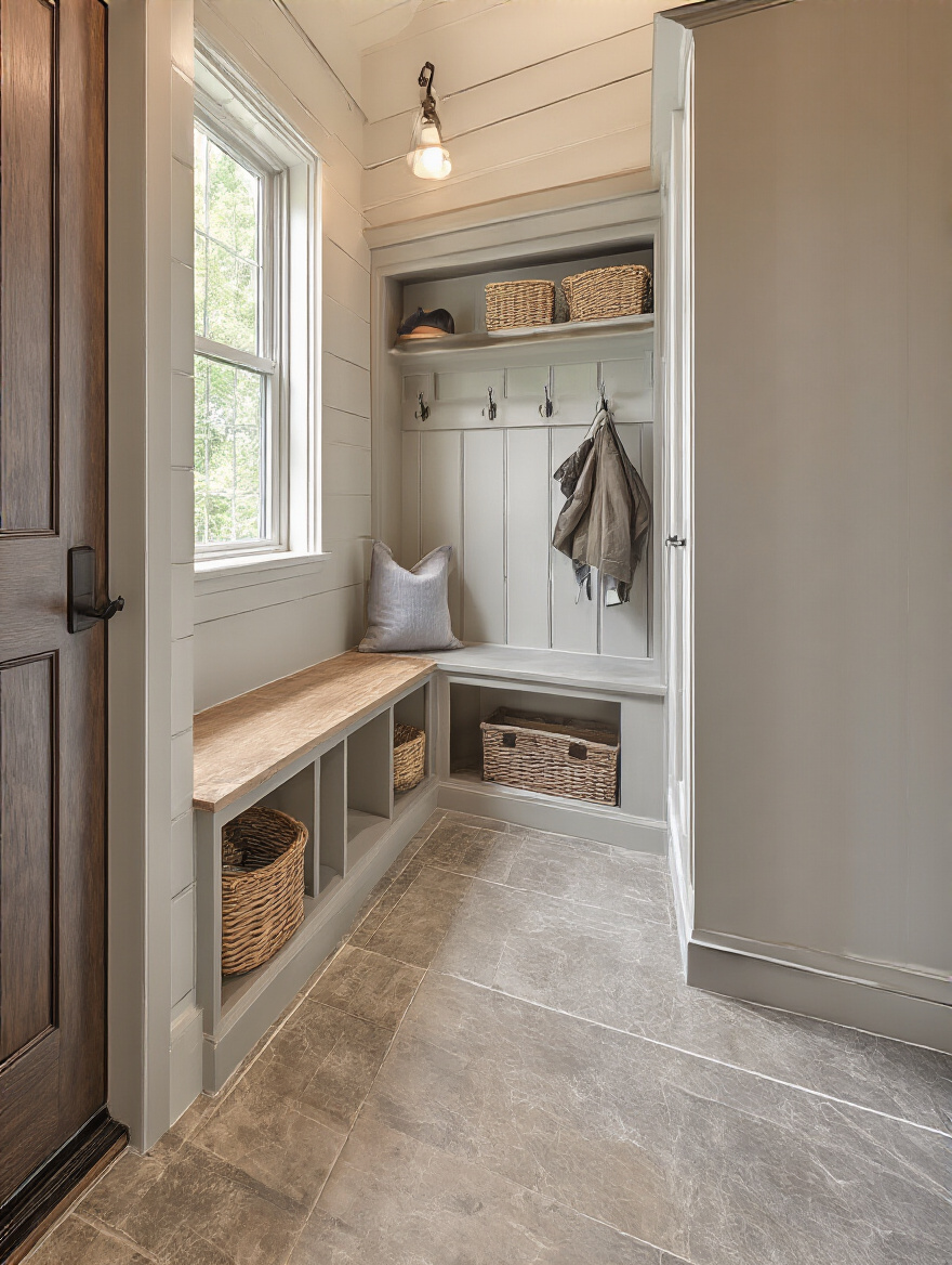 Portrait view of mudroom flooring with a durable, water-resistant surface and clean grout lines.