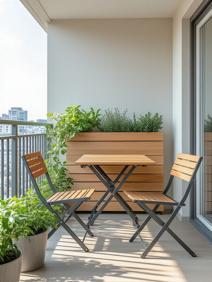 Small urban balcony with foldable furniture neatly arranged to maximize floor space, featuring a wall-mounted table and collapsible chairs.