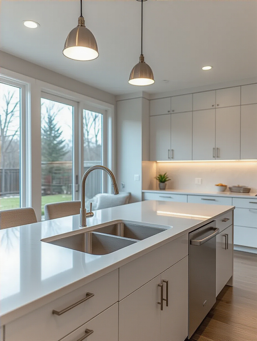 Modern kitchen with seamless countertop and flush undermount sink