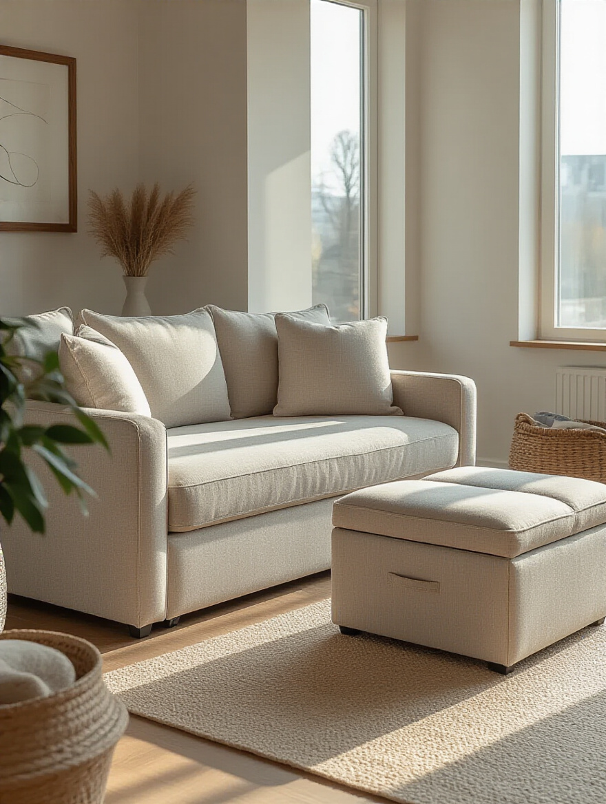 Small living room with multi-functional sofa bed and storage ottoman maximizing space