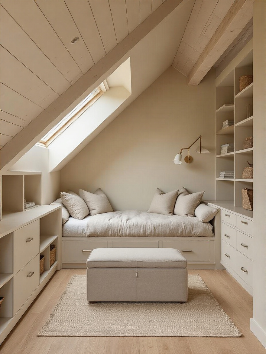 Attic bedroom with sloped ceiling, daybed with built-in storage, and a storage ottoman in warm neutrals