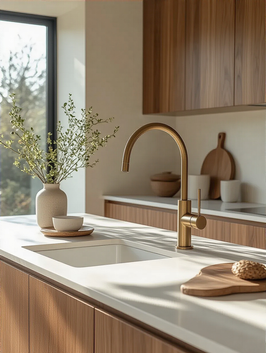 Modern kitchen with a sculptural unlacquered brass faucet over a white sink