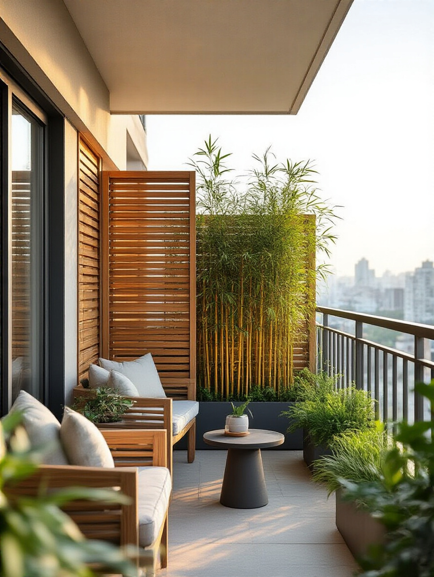 Small urban balcony featuring wooden slatted privacy screens combined with bamboo plants creating a secluded outdoor space in natural late afternoon light