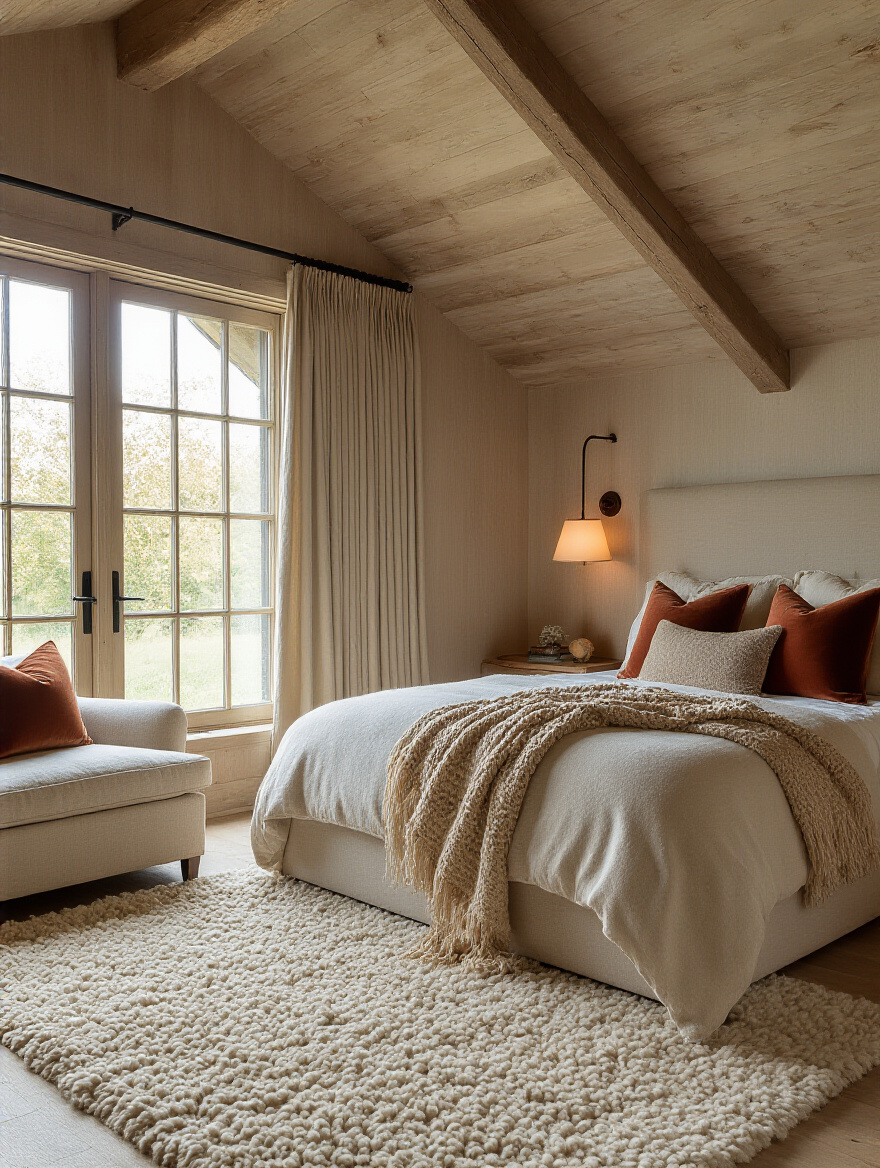 Cozy attic bedroom corner with layered textures: wool rug, cashmere throw, knitted blankets, bouclé pillows, velvet curtains, and fabric wall panels.
