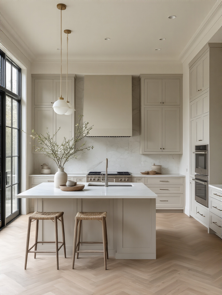 Vertical modern kitchen with cohesive neutral color palette, warm whites, greige, and wood accents.