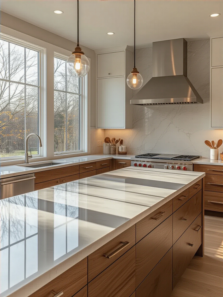 Vertical modern kitchen with dual surface countertop left reflective glossy finish and right matte honed finish under warm lighting