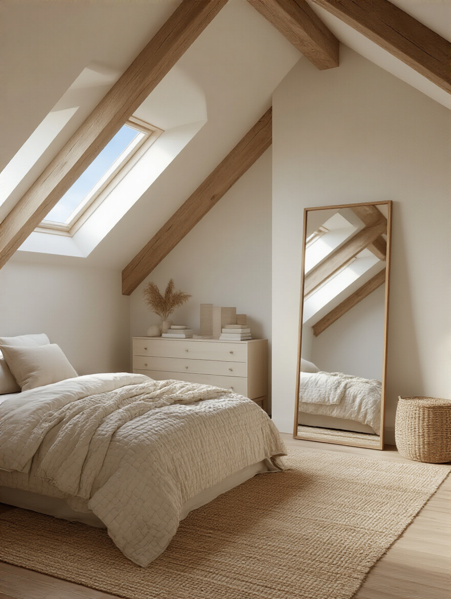 Tall floor-length mirror in an airy attic bedroom reflecting natural light from a window