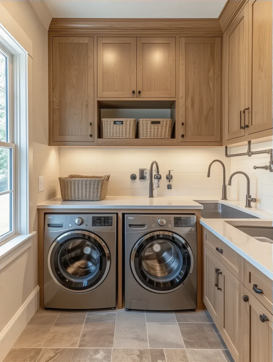 Alt: Modern mudroom laundry with built-in cabinets and a dedicated utility zone, showing planned utility rough-ins and accessible shut-offs.