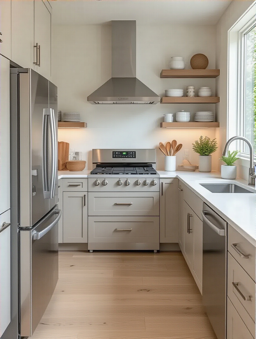 Modern kitchen with strategically placed refrigerator, sink, cooktop, and dishwasher creating a seamless workflow