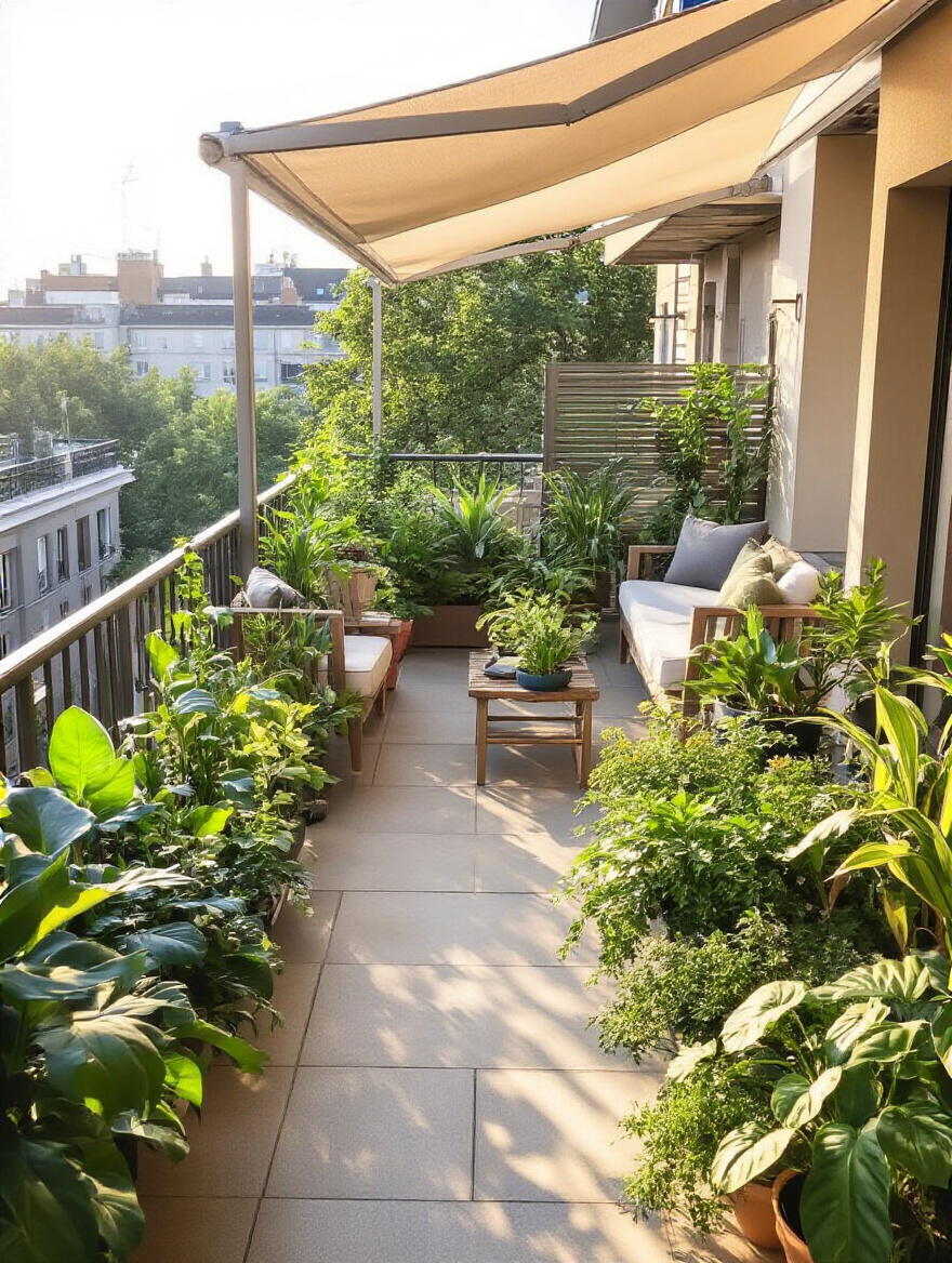 Urban balcony garden with plants arranged by sun exposure and comfortable shaded seating area