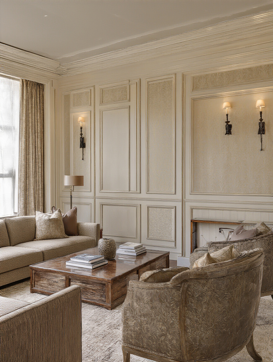 Luxurious living room wall with custom millwork and rich wallpaper finishes.