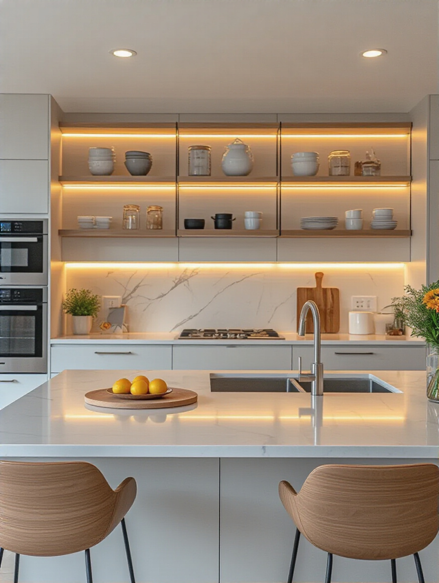 Modern kitchen illuminated with ambient recessed lights, task under-cabinet lighting, and accent shelf lighting showcasing layered kitchen lighting fixtures