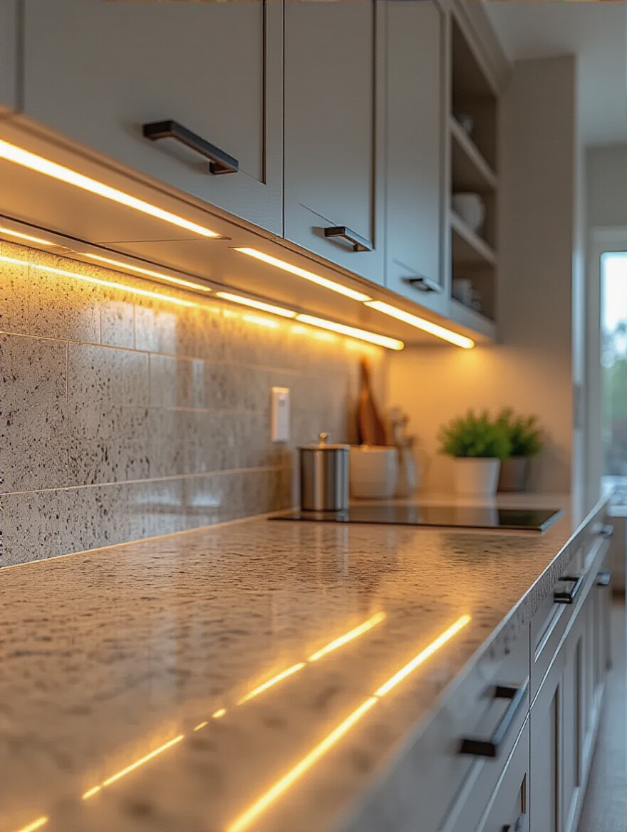 Modern kitchen with warm under-cabinet LED strip task lighting illuminating granite countertops and backsplash