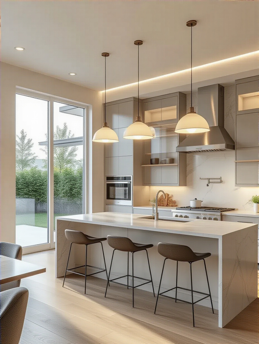 Modern kitchen with upgraded recessed and pendant lighting fixtures showcasing a bright, contemporary style