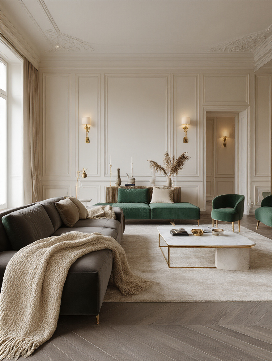Luxurious living room portrait with refined neutral palette and jewel-tone accents