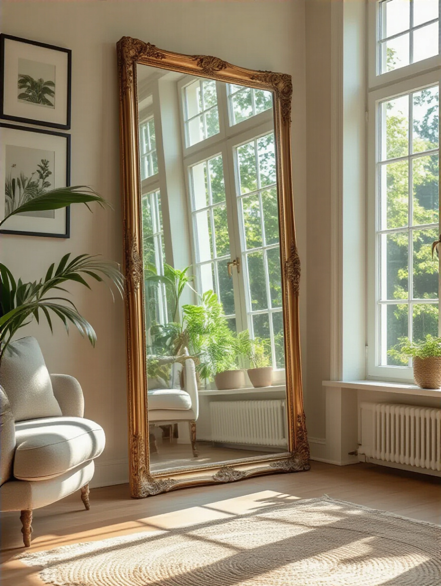 Large ornate floor-length mirror reflecting natural light and garden view in a bright living room
