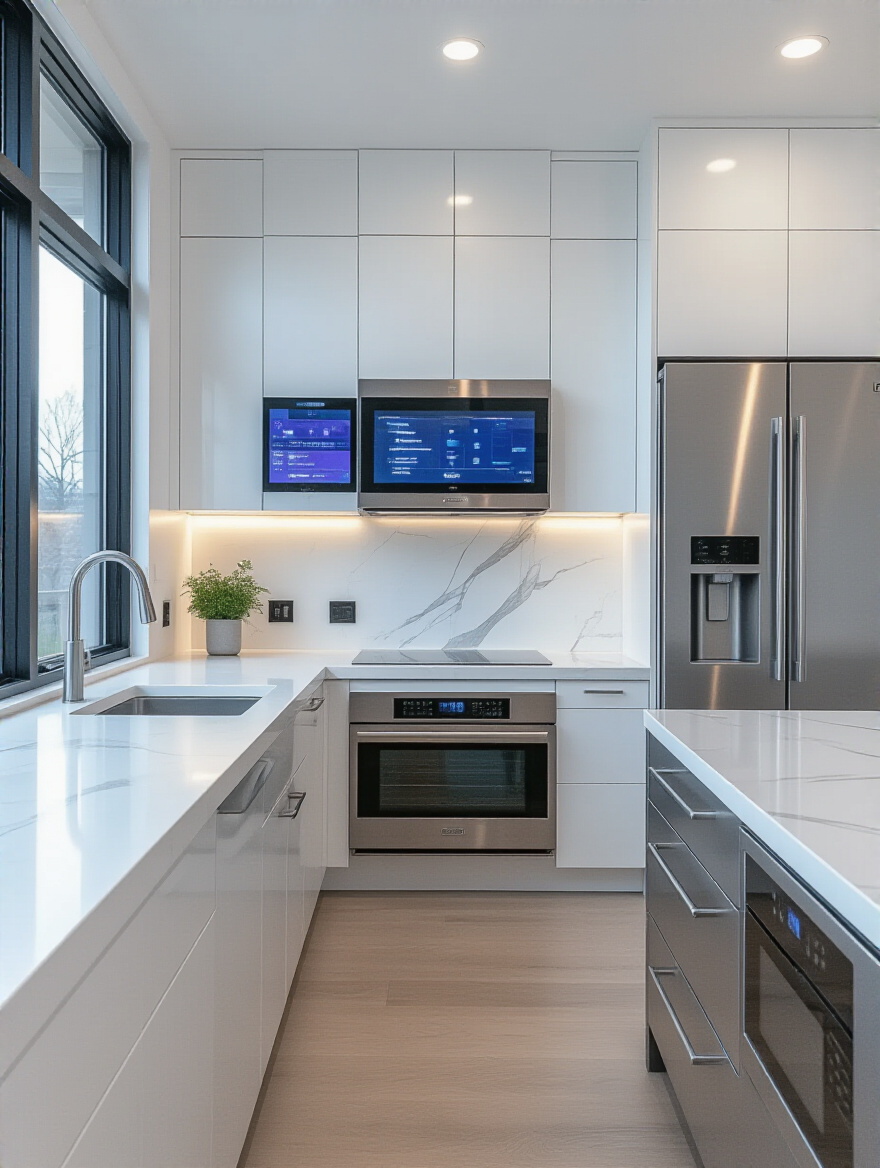 Modern kitchen with integrated smart technology and seamless controls
