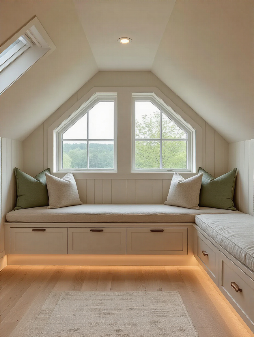 Attic bedroom with knee-wall window seat and hidden storage