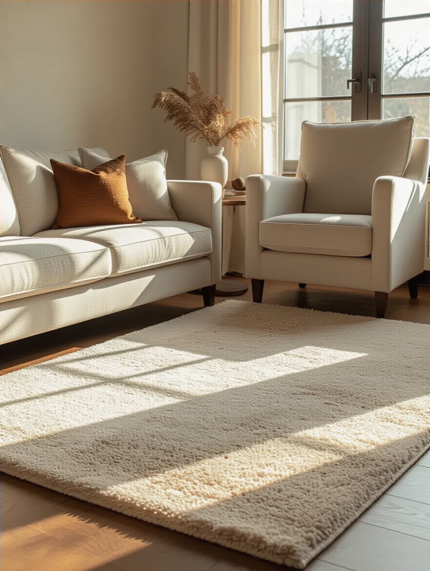 Cozy living room corner with a large area rug defining the seating area and adding warmth underfoot
