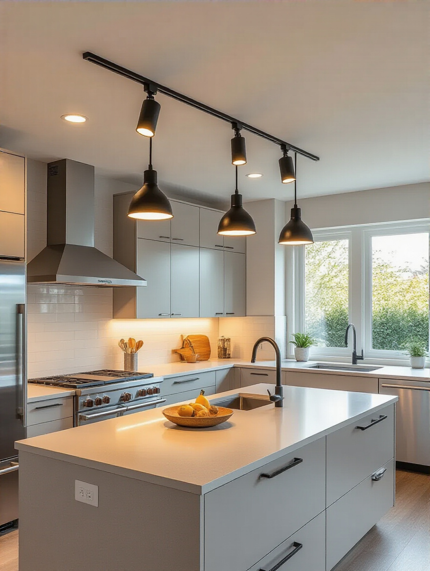 Modern kitchen interior with adjustable LED track lighting illuminating task and accent areas