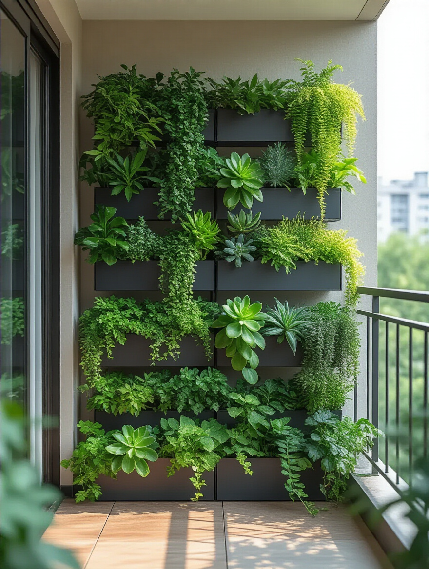 Vertical garden system mounted on a balcony wall with lush green plants, herbs, and trailing vines in a bright, natural light setting